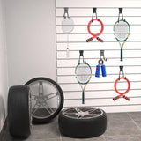 Landhoow 36 Pcs Slatwall Hooks & Hangers 32 Pcs Heavy Duty Slat Wall Hanging Hooks with 4 Pcs Storage Straps Assortment Slatwall Accessories for Storage Garage Wall Organization Garden Home (Black) - 45-Degree Angle