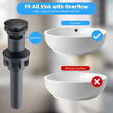 10 Pack Universal Bathroom Sink Drain Stopper, Pop Up Drain Strainer with Overflow, Push and Seal Sink Plug with Basket for Lavatory Vanity Vessel, Anti-Clogging Strainer, Matte Black - 45-Degree Angle