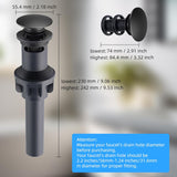 10 Pack Universal Bathroom Sink Drain Stopper, Pop Up Drain Strainer with Overflow, Push and Seal Sink Plug with Basket for Lavatory Vanity Vessel, Anti-Clogging Strainer, Matte Black - Low Angle