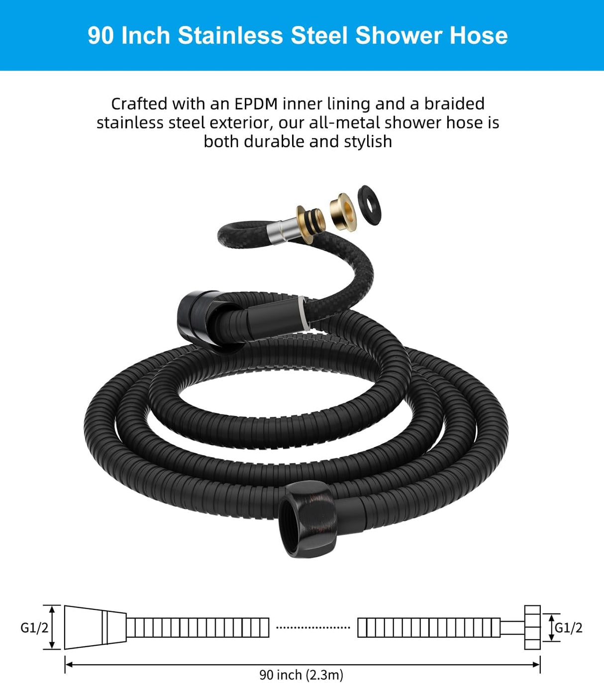 All Metal 90 Inch Stainless Steel Extra Long Shower Hose Replacement, 4 Spray Handheld Showerhead Set, Anti-Twist Handheld Shower Head Hose Extension