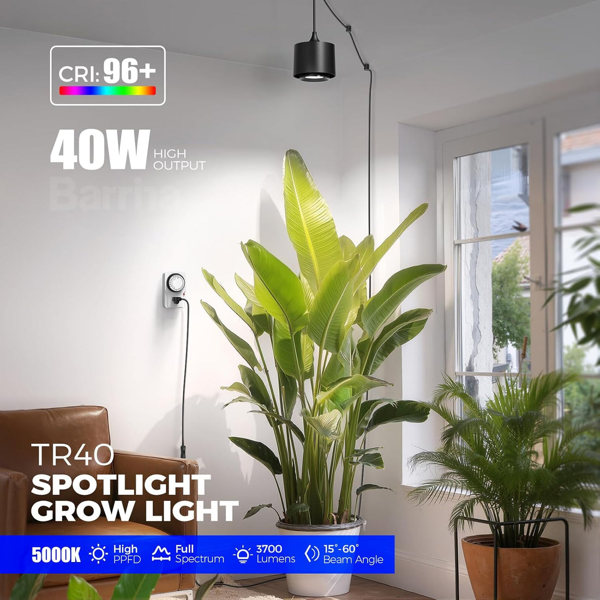 TR40 Hanging Grow Lights for Indoor Plants, 40W 5000K Full Spectrum, Adjustable Beam Angle (15°-60°), High PPFD, Spotlight Grow light with Timer for Indoor Growing, Large Tall Plant, Flowers