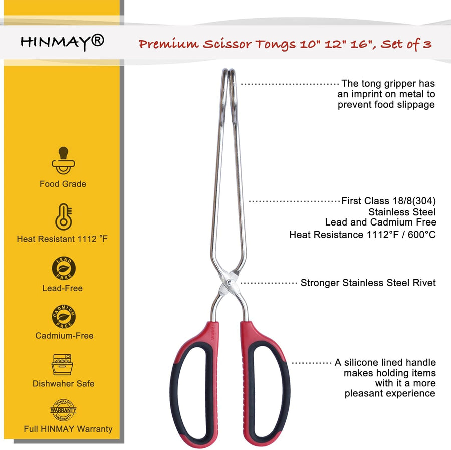Stainless Steel Kitchen Scissor Tongs Set for Cooking, Grilling & Serving, 3-Piece with Red Handle (10/12/16 Inch)