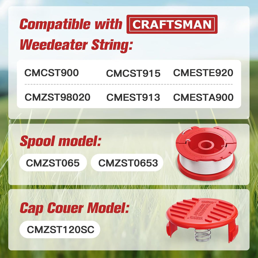 CMZST0653 Weed Eater String Compatible with Craftsman Weed Wacker, 0.065" 30Ft String Trimmer Replacement Line, Auto Feed Weed Eater String Line for Craftsman String Trimmer Edger(8 Spool+6caps)