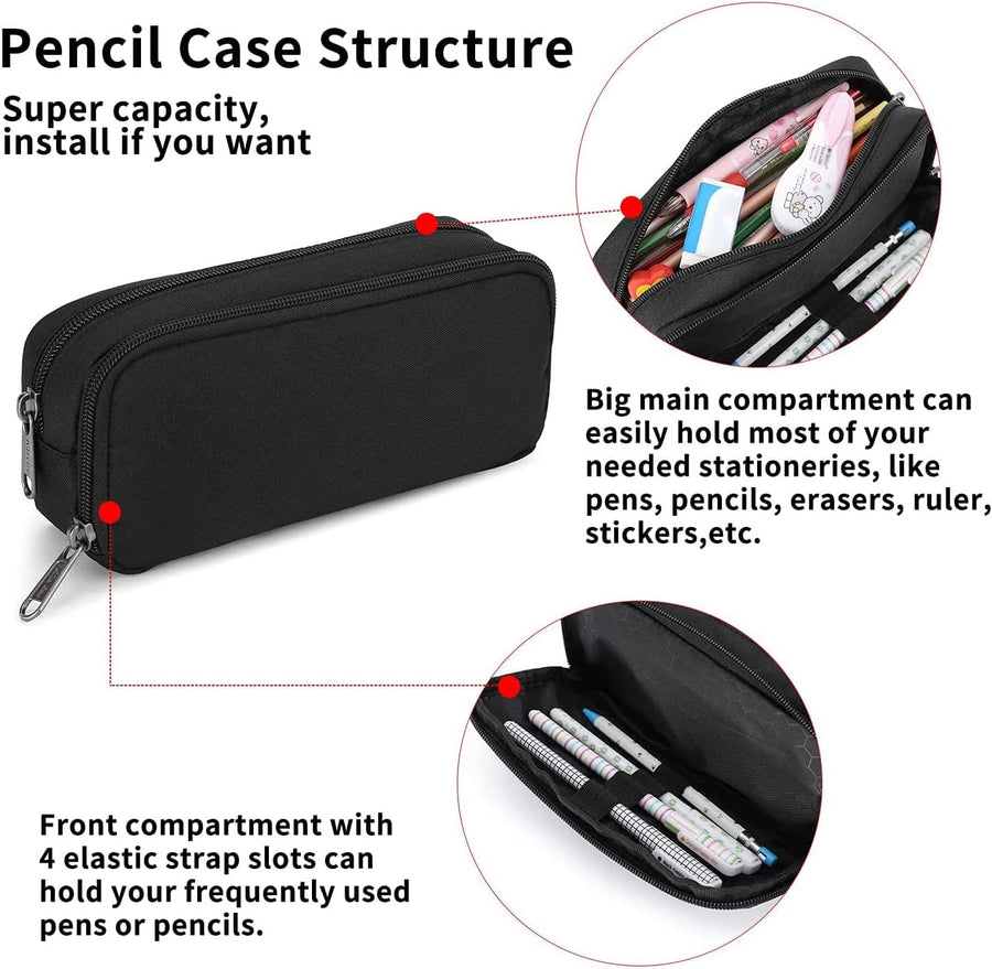 Della Gao Pencil Case Large Capacity Pencil Pouch Aesthetic Pencil Box for Office Stationery Organizer, Simple Sturdy Multifunctional Pencil Bag for Men - Black