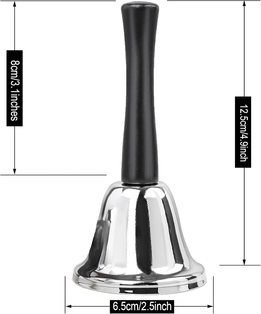 2 Pack Hand Bell, Silver Steel Bell, Ringing Bell with Handle, Dinner Bells for Inside Classroom Bell, for Food Line, Alarm, Jingles, Ringing (Silver)