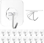 Adhesive Wall Hooks for Hanging, 16 Pack Self Sticky Hooks Heavy Duty 22lb Clear, Removable Shower Hook No Damage for Towel Key Coat Wreath Picture Outdoor Ceiling Bathroom Kitchen, Waterproof