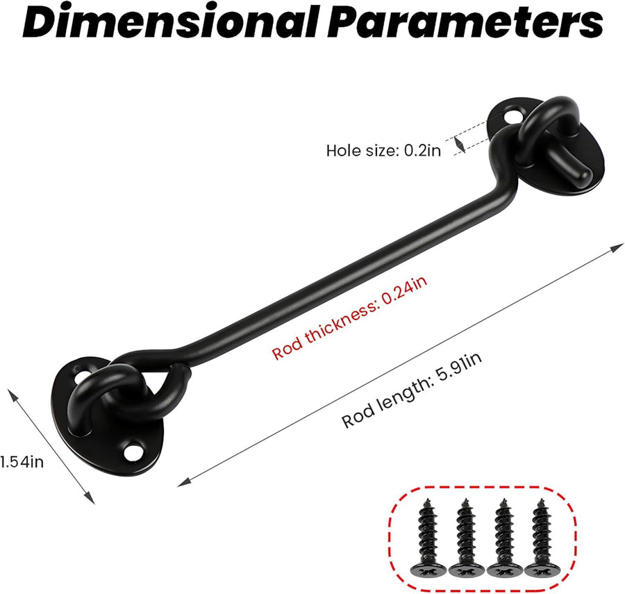 2 Pack 6'' Door Latch Door Lock Hardware, 6'' Hook and Eye Gate Latch Easy Lock for Barn Door, Black Sliding Door Lock with Screws for Window, Cabin Hooks