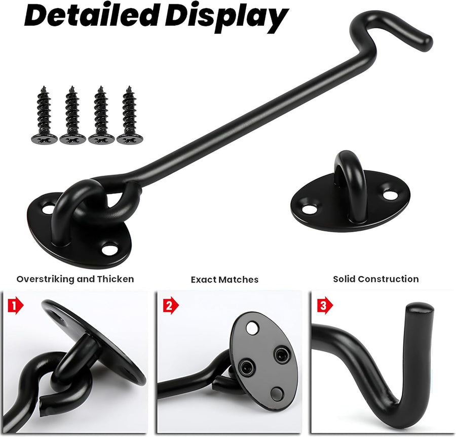 2 Pack 6'' Door Latch Door Lock Hardware, 6'' Hook and Eye Gate Latch Easy Lock for Barn Door, Black Sliding Door Lock with Screws for Window, Cabin Hooks