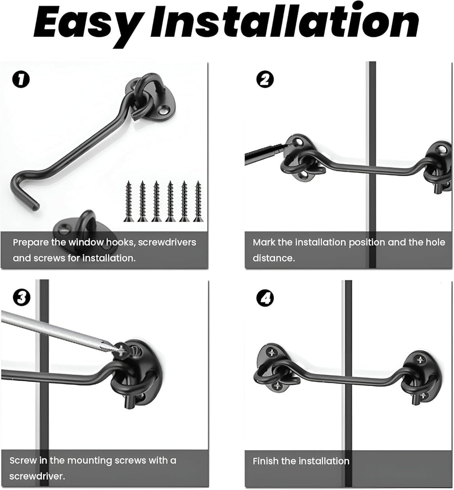 2 Pack 6'' Door Latch Door Lock Hardware, 6'' Hook and Eye Gate Latch Easy Lock for Barn Door, Black Sliding Door Lock with Screws for Window, Cabin Hooks