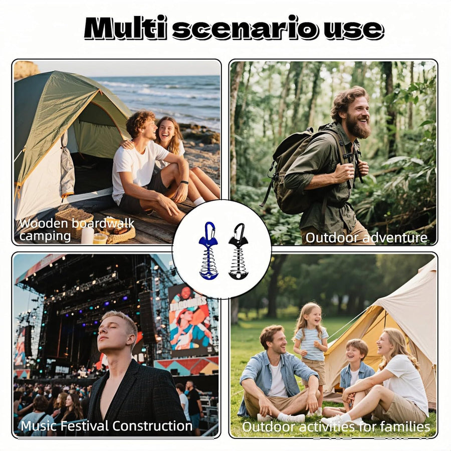 Fishbone SpringTent Peg Portable Windproof Anchors,Aluminum Tent Stakes with Carabiner for Camping Deck, Spring-Loaded Gutter Hook for Tarp,Adjustable Gap Stake for Outdoor Canopy (Blue and Black)
