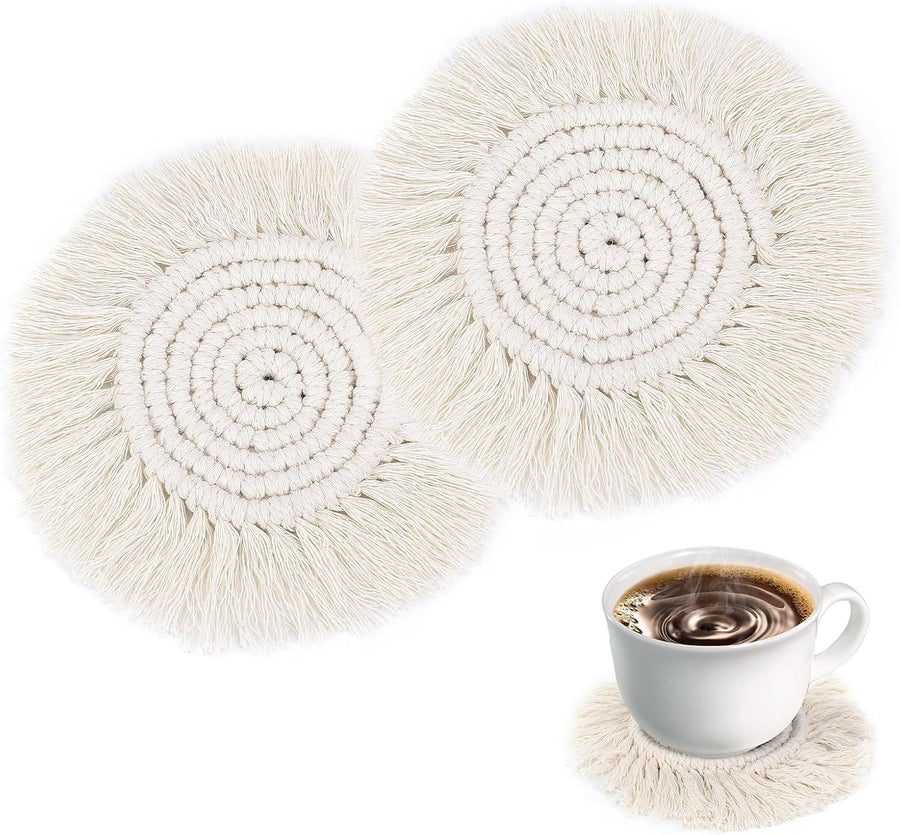 Boho Coasters for Drinks Absorbent Crochet Coasters Round Boho Coaster Set of 2 Housewarming Gift Bar Coffee Table Office Desk Decor, White