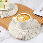 Boho Coasters for Drinks Absorbent Crochet Coasters Round Boho Coaster Set of 2 Housewarming Gift Bar Coffee Table Office Desk Decor, White
