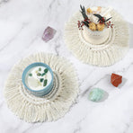 Boho Coasters for Drinks Absorbent Crochet Coasters Round Boho Coaster Set of 2 Housewarming Gift Bar Coffee Table Office Desk Decor, White