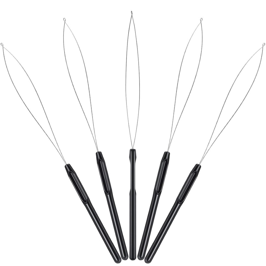 10 Pieces Hair Extension Loop Needle Threader Pulling Hook Tool and Bead Device Tool Black Loop Threader for Hair or Feather Extensions (Black)