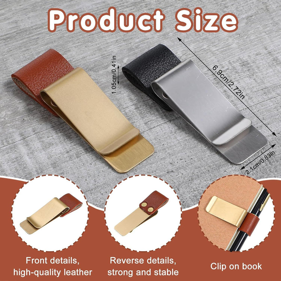 2 Pcs PU Leather Retro Notebook Pen Clips Metal Pen Loop Holder Sleeve - Silver & Gold