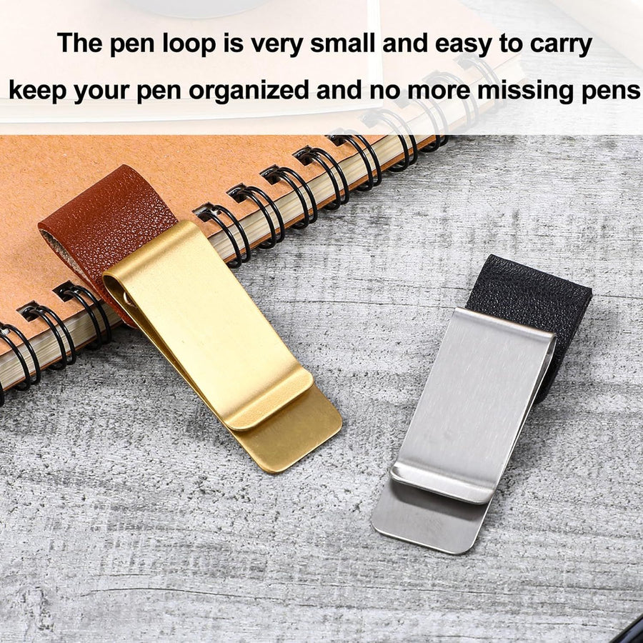 2 Pcs PU Leather Retro Notebook Pen Clips Metal Pen Loop Holder Sleeve - Silver & Gold
