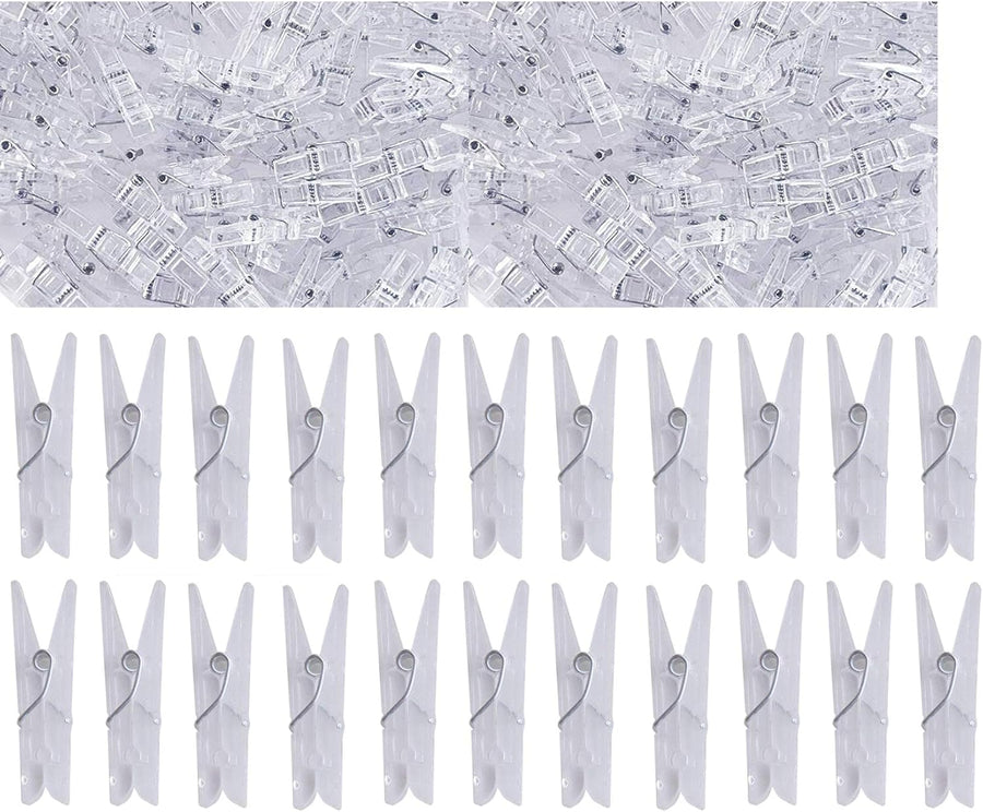 Yansanido 100pcs Mini Clear Plastic Utility Paper Clip, Clothespins Clips, Clothes Line String Clips, mini Clothes Pins for Photo for String Fairy Lights Color Clear(100pcs Clear Plastic Clips)