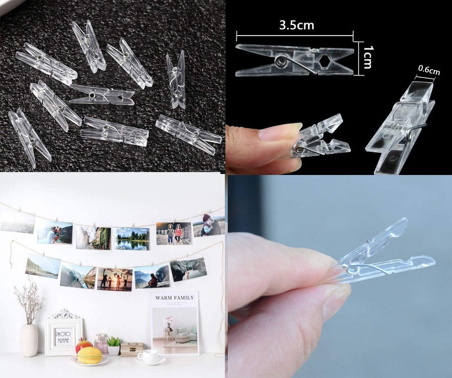Yansanido 100pcs Mini Clear Plastic Utility Paper Clip, Clothespins Clips, Clothes Line String Clips, mini Clothes Pins for Photo for String Fairy Lights Color Clear(100pcs Clear Plastic Clips)