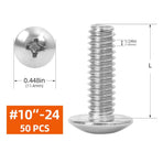 #10-24 x 1-1/2" Truss Head Bolts Machine Screws, Full Thread, 304 Stainless Steel, 50 PCS