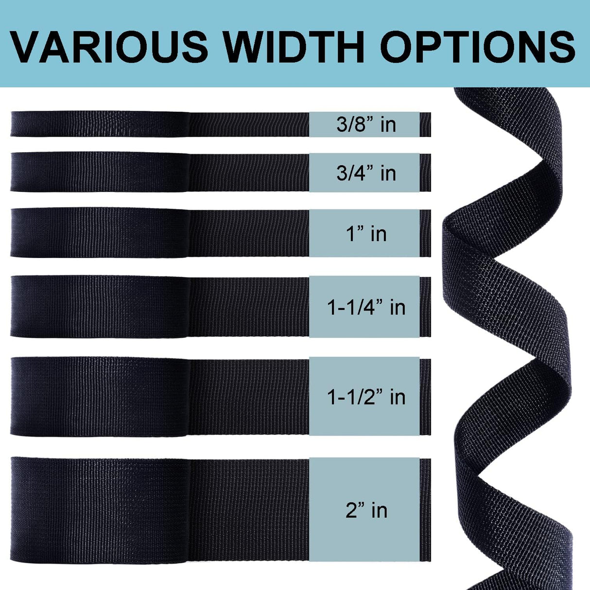 CooBigo Nylon Webbing 3/8 Inch 3/4 Inch 1 Inch 1-1/4 Inch 1.5Inch 2Inch Nylon Webbing Straps 3/8" 3/4" 1" 1-1/4" 1.5" & 2" Wide,12 Yard Webbing Strapping for Outdoor Crafting DIY