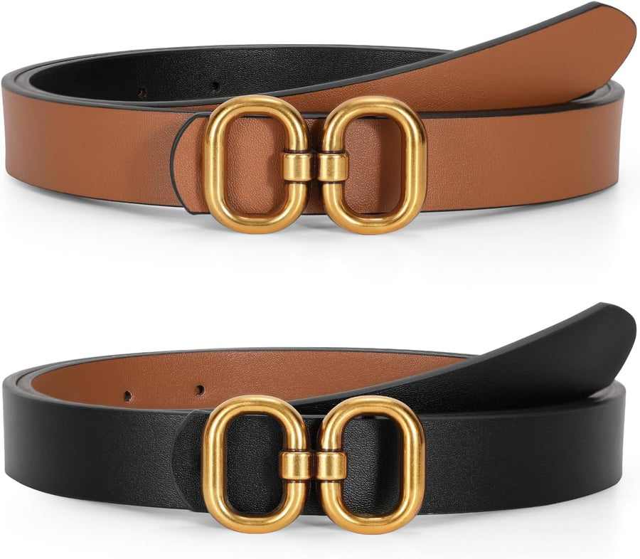 Reversible Leather Belt for Women with Gold Buckle Ladies Leather Belt for Jeans Pants