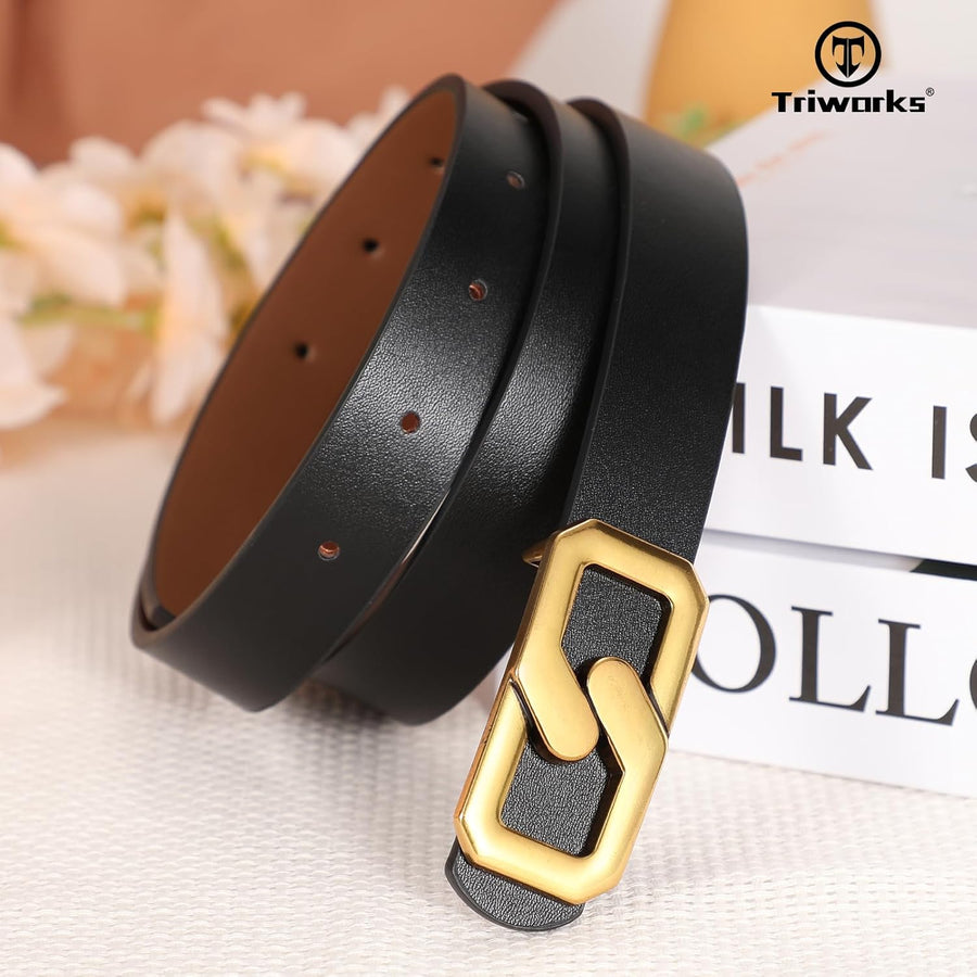 Women Reversible Leather Belt for Jeans, Ladies Waist Belt with Gold Buckle 0.9" Width