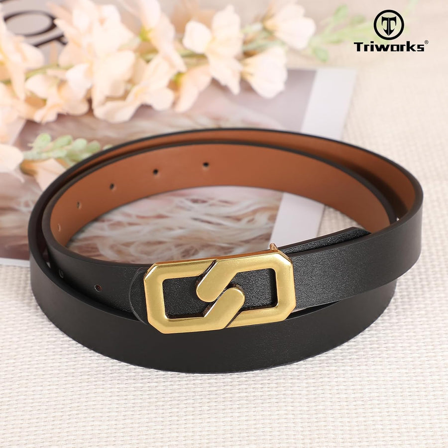 Women Reversible Leather Belt for Jeans, Ladies Waist Belt with Gold Buckle 0.9" Width