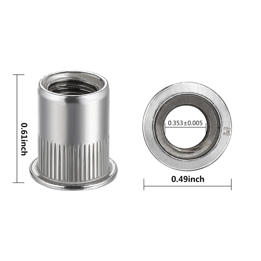 Rivet Nut 1/4"-20UNC 100Pcs Stainless Steel 304 Finish Flat Head Rivnut Threaded Insert Nut Knurled Body