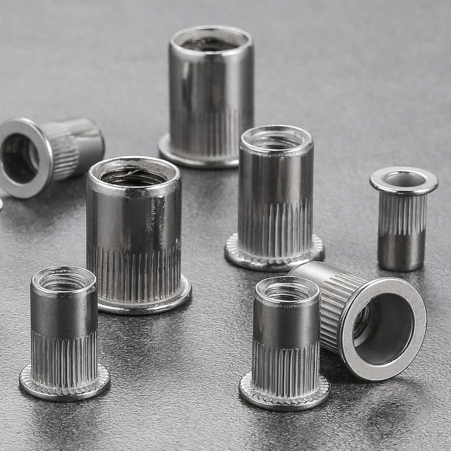 Rivet Nut 1/4"-20UNC 100Pcs Stainless Steel 304 Finish Flat Head Rivnut Threaded Insert Nut Knurled Body