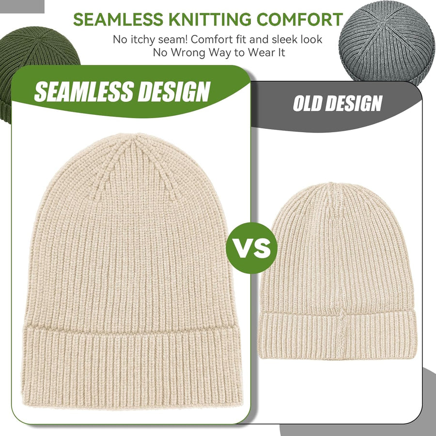 50% Wool Thick Beanie Hat for Men Women, Seamless Winter Knit Skull Cap, Cuffed Fisherman Beanie Warm Watch Cap