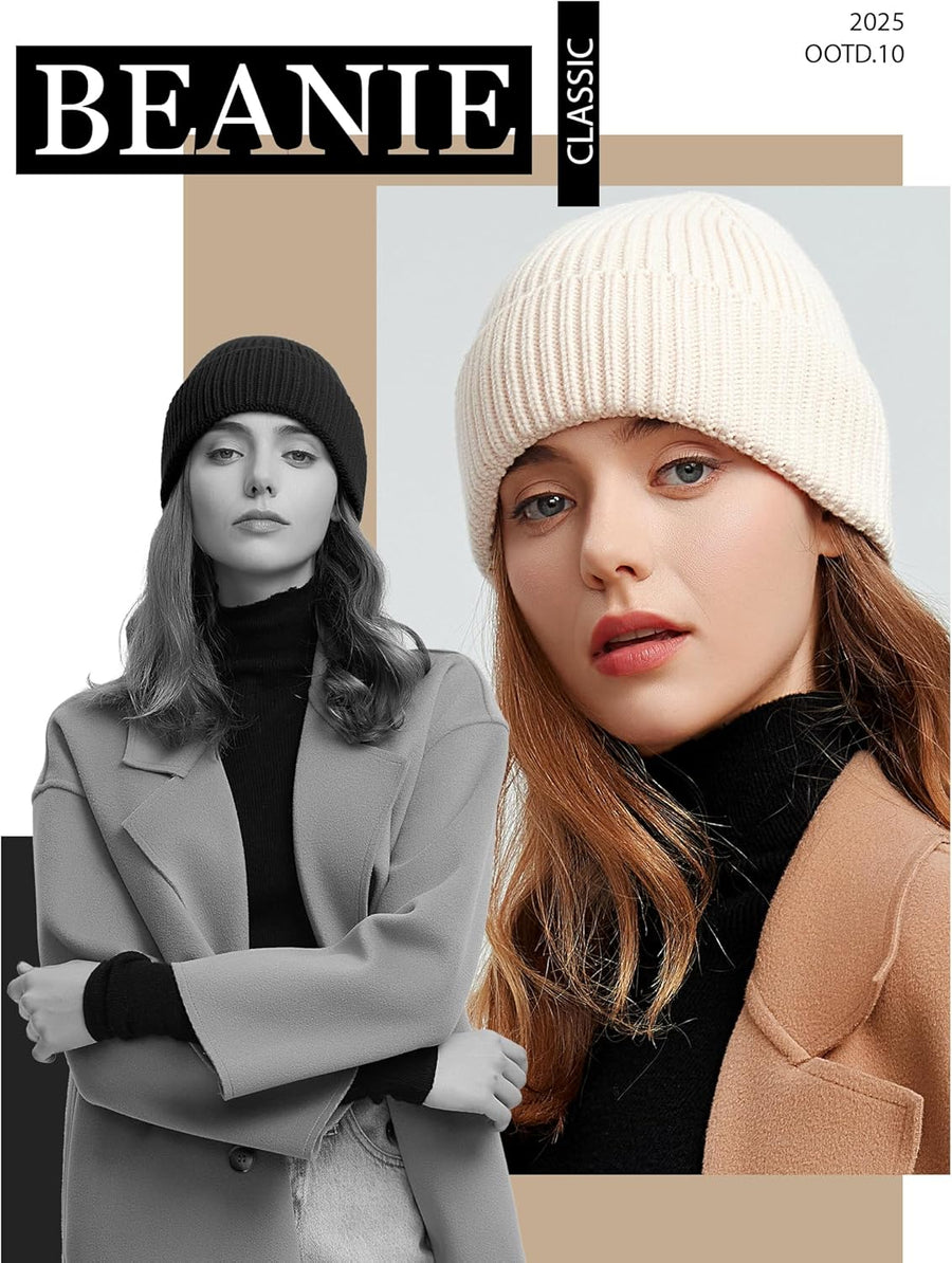 50% Wool Thick Beanie Hat for Men Women, Seamless Winter Knit Skull Cap, Cuffed Fisherman Beanie Warm Watch Cap