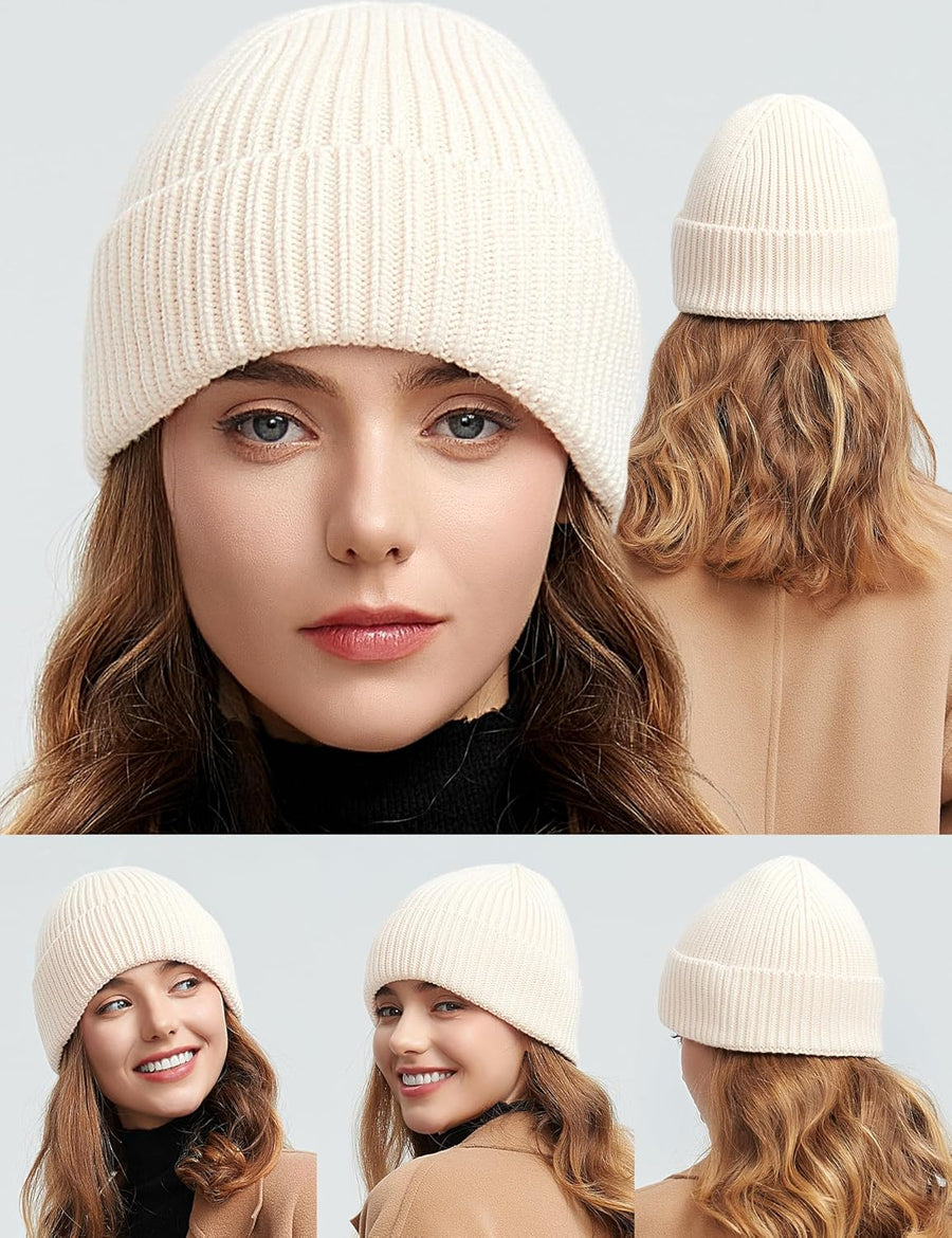 50% Wool Thick Beanie Hat for Men Women, Seamless Winter Knit Skull Cap, Cuffed Fisherman Beanie Warm Watch Cap
