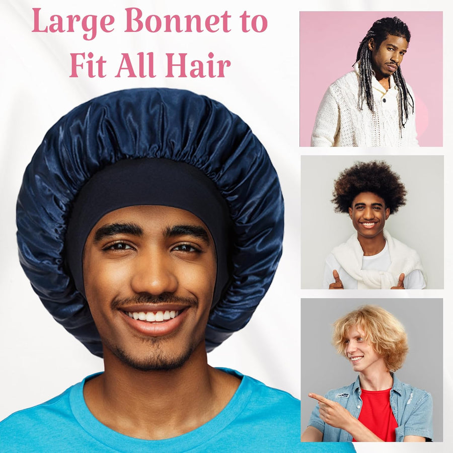 2pcs Bonnet for Men, Bonnets for Women, Satin Silk Hair Bonnet for Sleeping, Reversible Double Layer Wide Band Sleep Cap for Curly Hair Braids