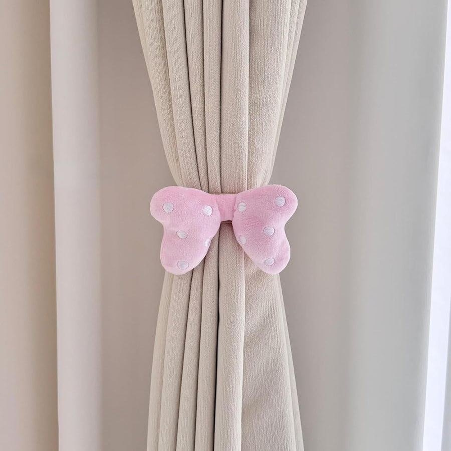 2 Pack Curtain Tiebacks with Pink Plush Bow and White Polka Dot, Snap Button Closure Curtains Holdbacks for Window Decor (Pink)