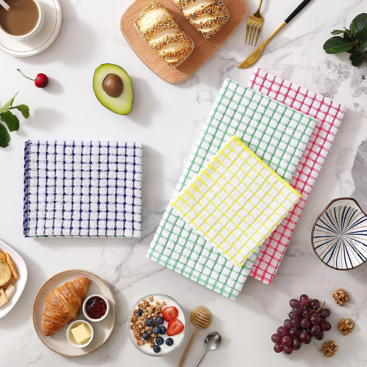 Homaxy Kitchen Towels and Dishcloths Set (12 x 12 and 13 x 28 Inches, 6 Pack, White & Black), Kitchen Towels and Dishcloths Set (16 x 25 and 12 x 12 Inches, 8 Pack, Blue/Yellow/Red/Green)