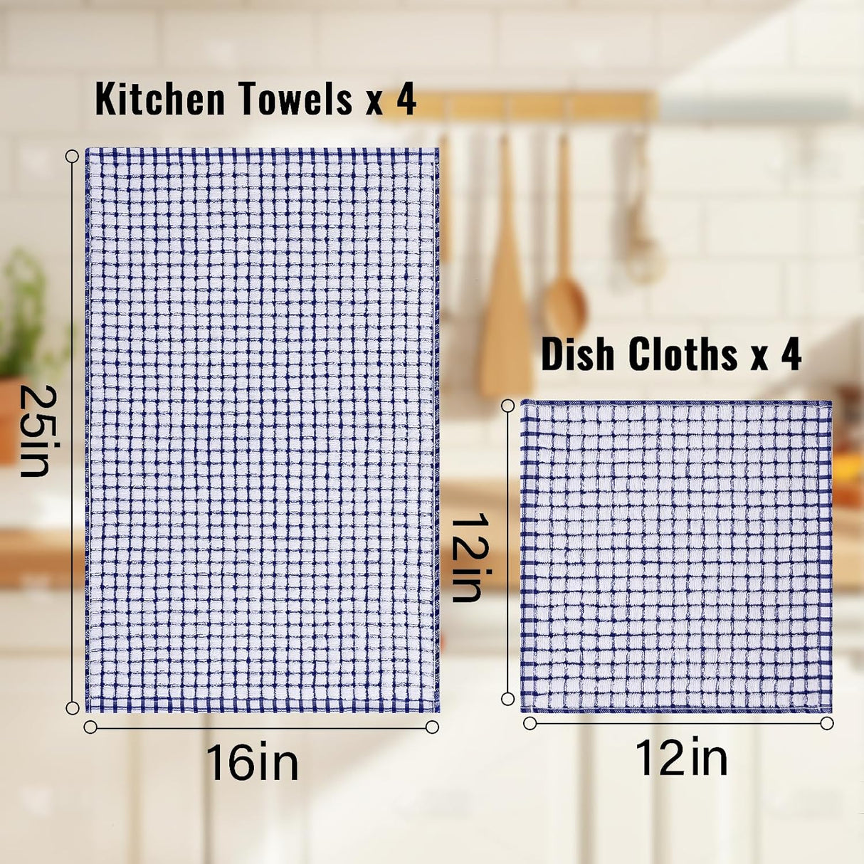 Homaxy Kitchen Towels and Dishcloths Set (12 x 12 and 13 x 28 Inches, 6 Pack, White & Black), Kitchen Towels and Dishcloths Set (16 x 25 and 12 x 12 Inches, 8 Pack, Blue/Yellow/Red/Green)