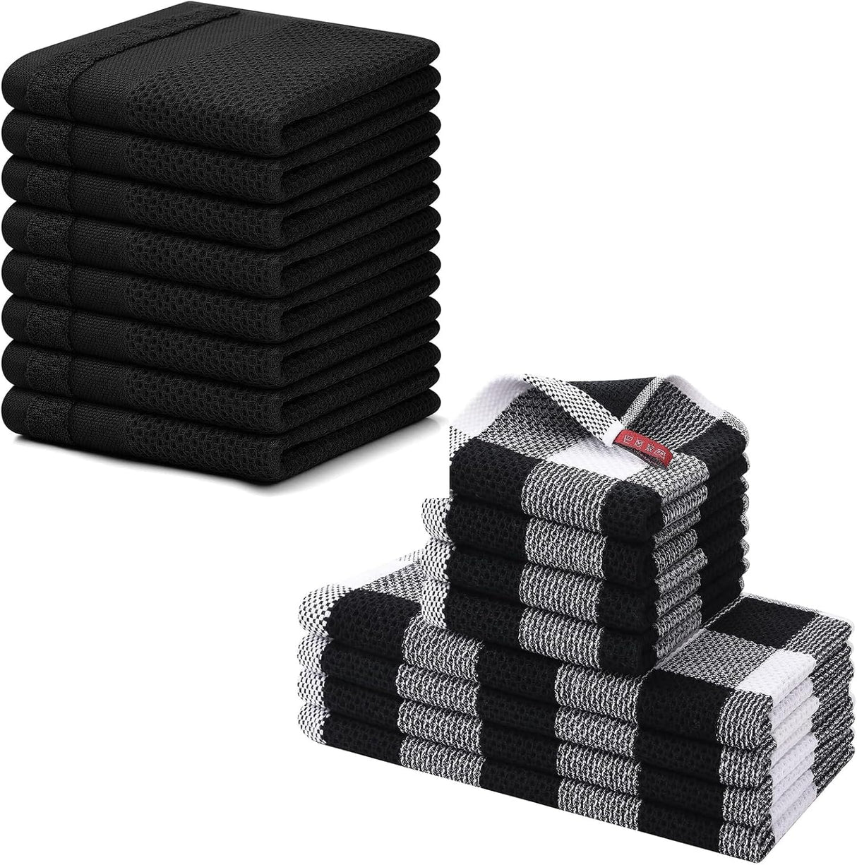 Homaxy 100% Cotton Dish Cloths, 8 Pack - 12 x 12 Inches, Black and Kitchen Towels and Dishcloths Set, 12 x 12 and 13 x 28 Inches, White & Black