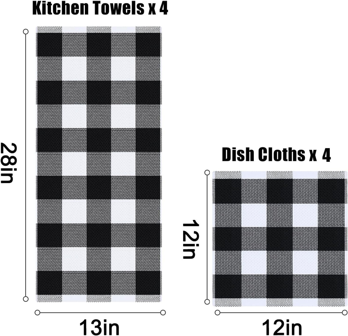 Homaxy 100% Cotton Dish Cloths, 8 Pack - 12 x 12 Inches, Black and Kitchen Towels and Dishcloths Set, 12 x 12 and 13 x 28 Inches, White & Black
