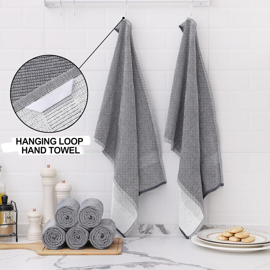 Homaxy 12 Pack Kitchen Dish Cloths (10 x 10 Inches, Grey) and Large Cotton Kitchen Hand Towels(18”x 28”, 6 Pack), Flat and Terry Dish Towels