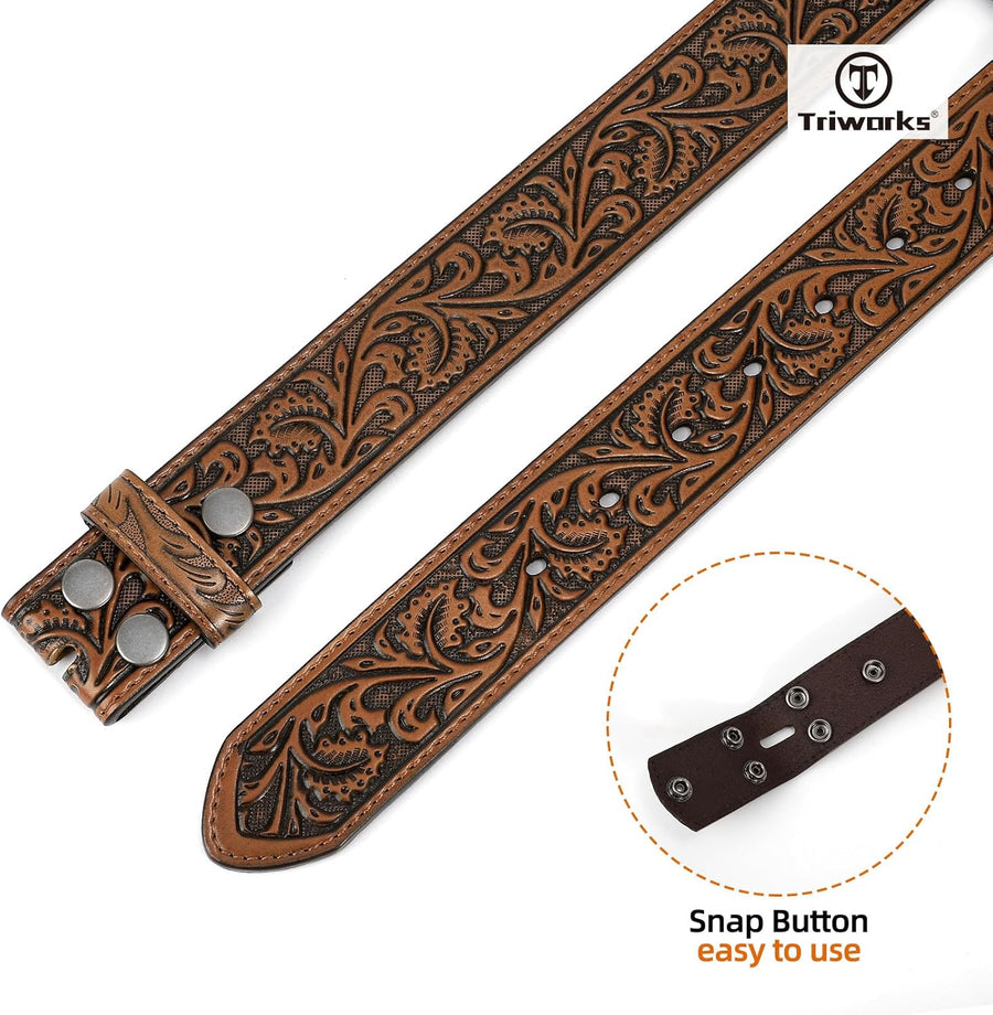 Western Belt Strap for Men without Buckle 1.5" Wide Floral Engraved Embossed Leather Belt Strap