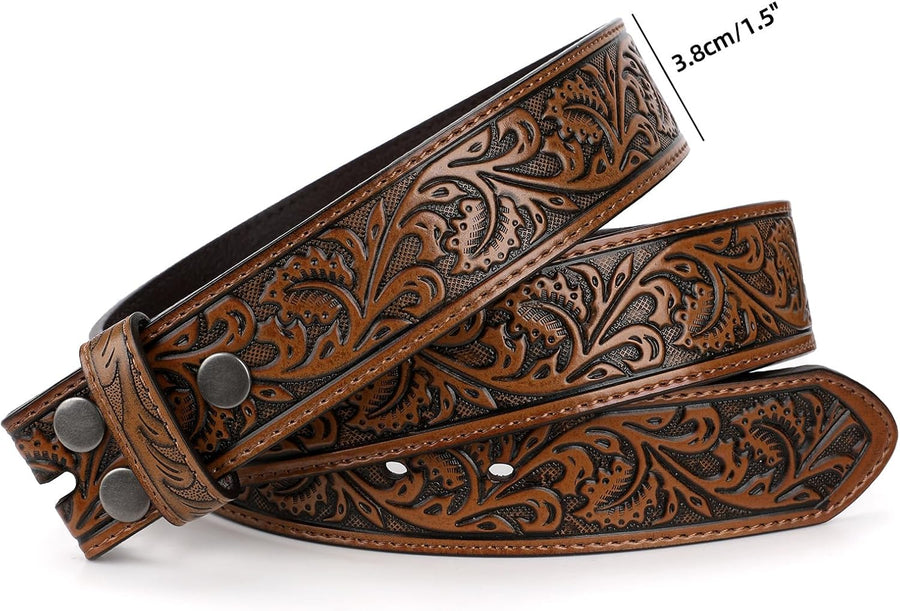 Western Belt Strap for Men without Buckle 1.5" Wide Floral Engraved Embossed Leather Belt Strap