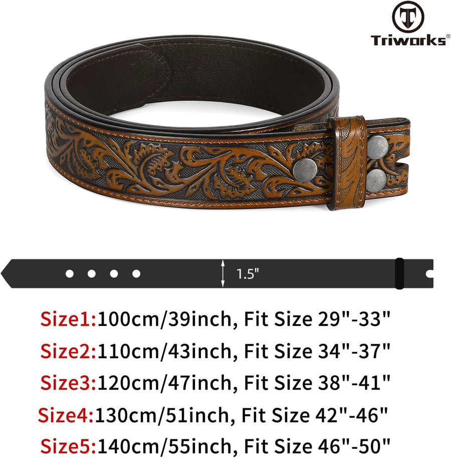 Western Belt Strap for Men without Buckle 1.5" Wide Floral Engraved Embossed Leather Belt Strap