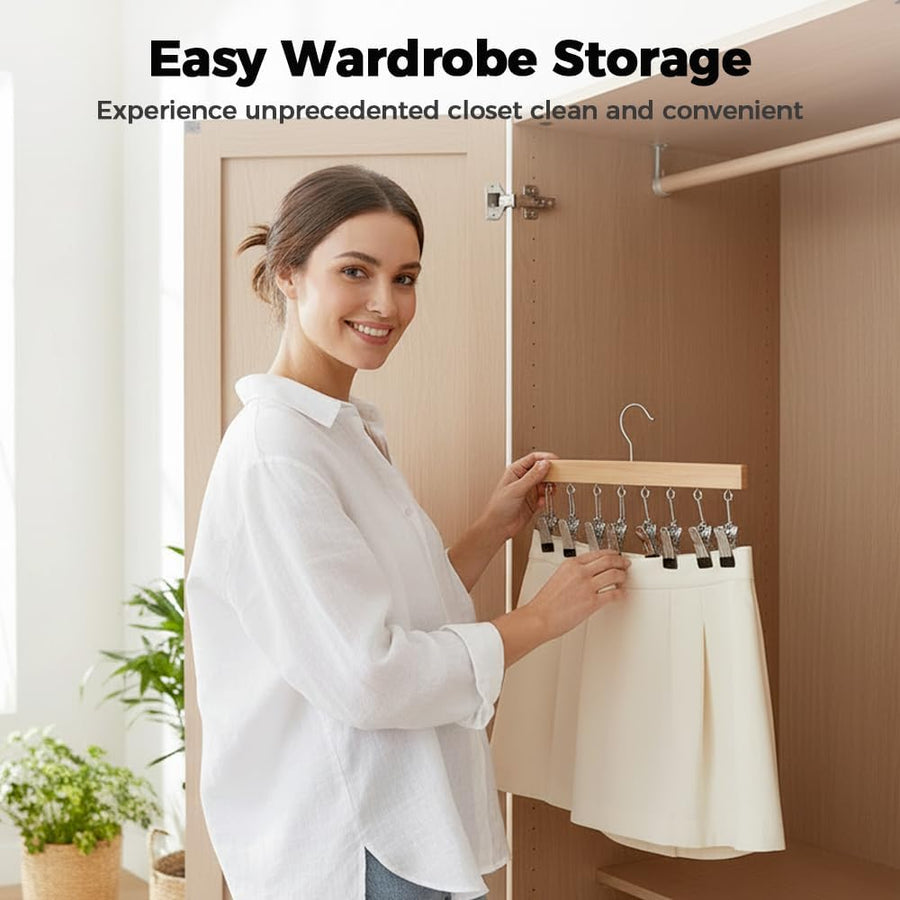 2 Pack Legging Hanger for Closet, with 10 Non Slip Clips Each, Wooden Clothes Hanger for Home Use, Space Saving Hanger for Family (Wood)