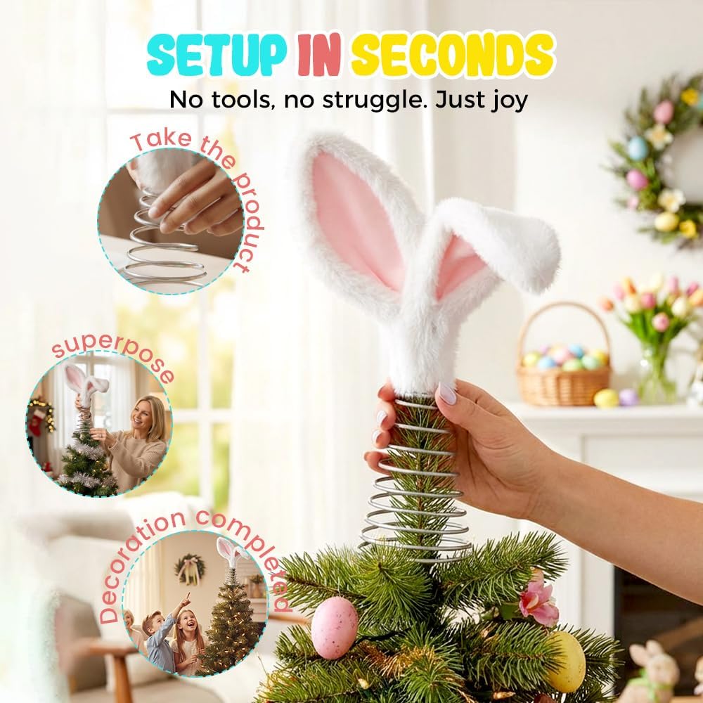 Easter Tree Topper Bunny Ears, Plh Metal Rabbit Ornament, Cute Bendable Spring Holiday Tree Decoration for Easter Home Party Supplies (2PCS)