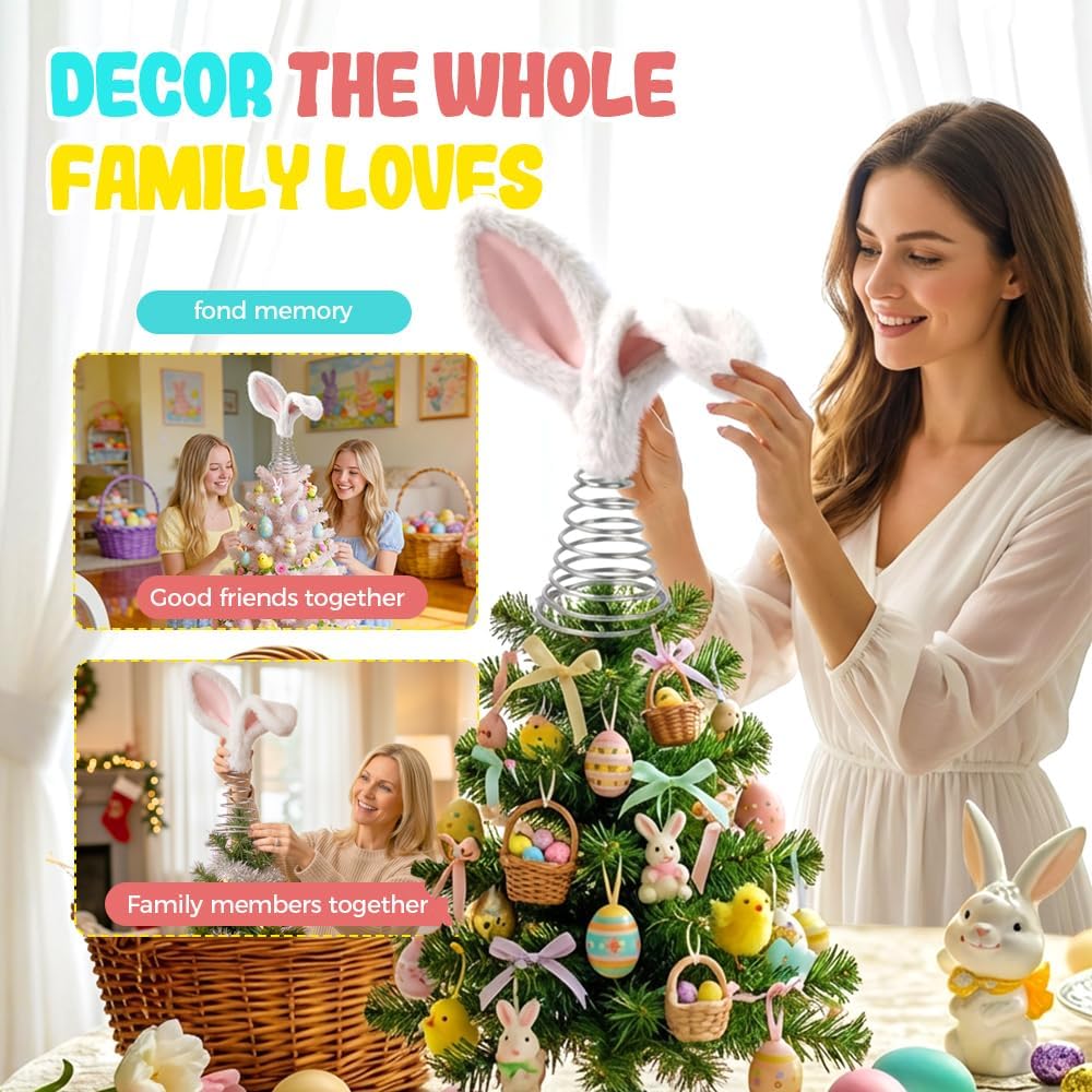Easter Tree Topper Bunny Ears, Plh Metal Rabbit Ornament, Cute Bendable Spring Holiday Tree Decoration for Easter Home Party Supplies (2PCS)