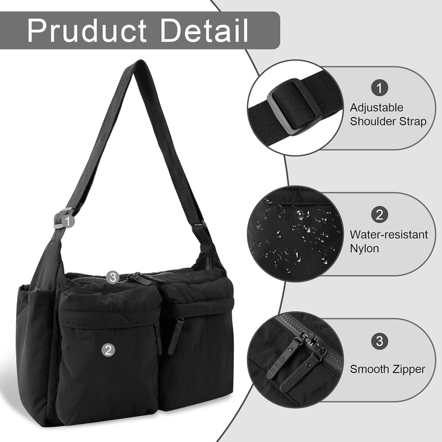 Nylon Crossbody Messenger Bag for School, Women Large Shoulder Bag Hobo Tote Bag Lightweight Computer Crossbody Bag