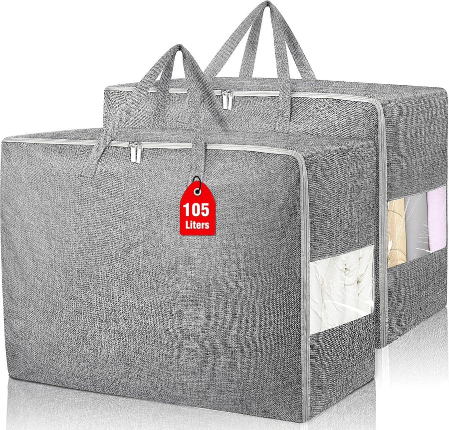 2Pack 105L Extra Large Storage Bags, Folding Moving Comforter Blanket Storage Bags Closet Organizers and Storage Containers for Clothes with Strong Handles&Zippers Clear Window for Bedding Pillow Grey