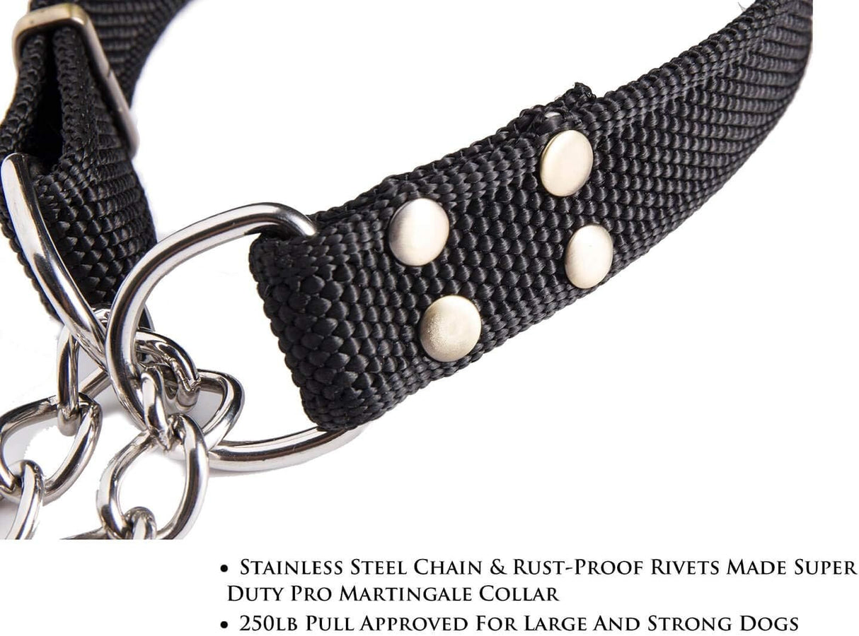Stainless Steel Nylon Chain Martingale Collar Comfort Heavy Duty Large Dog Collar Escape Perfect for Training Walking Running and High Activities 250lb Pull Proved (Large, Black)