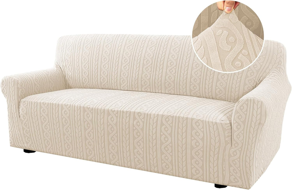 Sofa Cover 1 Piece Stretch Sofa Slipcovers Non Slip Sofa Cover with Elastic Bottom Washable for Kids, Pets Upgrade Thick Jacquard Fabric with Spiral Pattern(75"-85", Ivory)