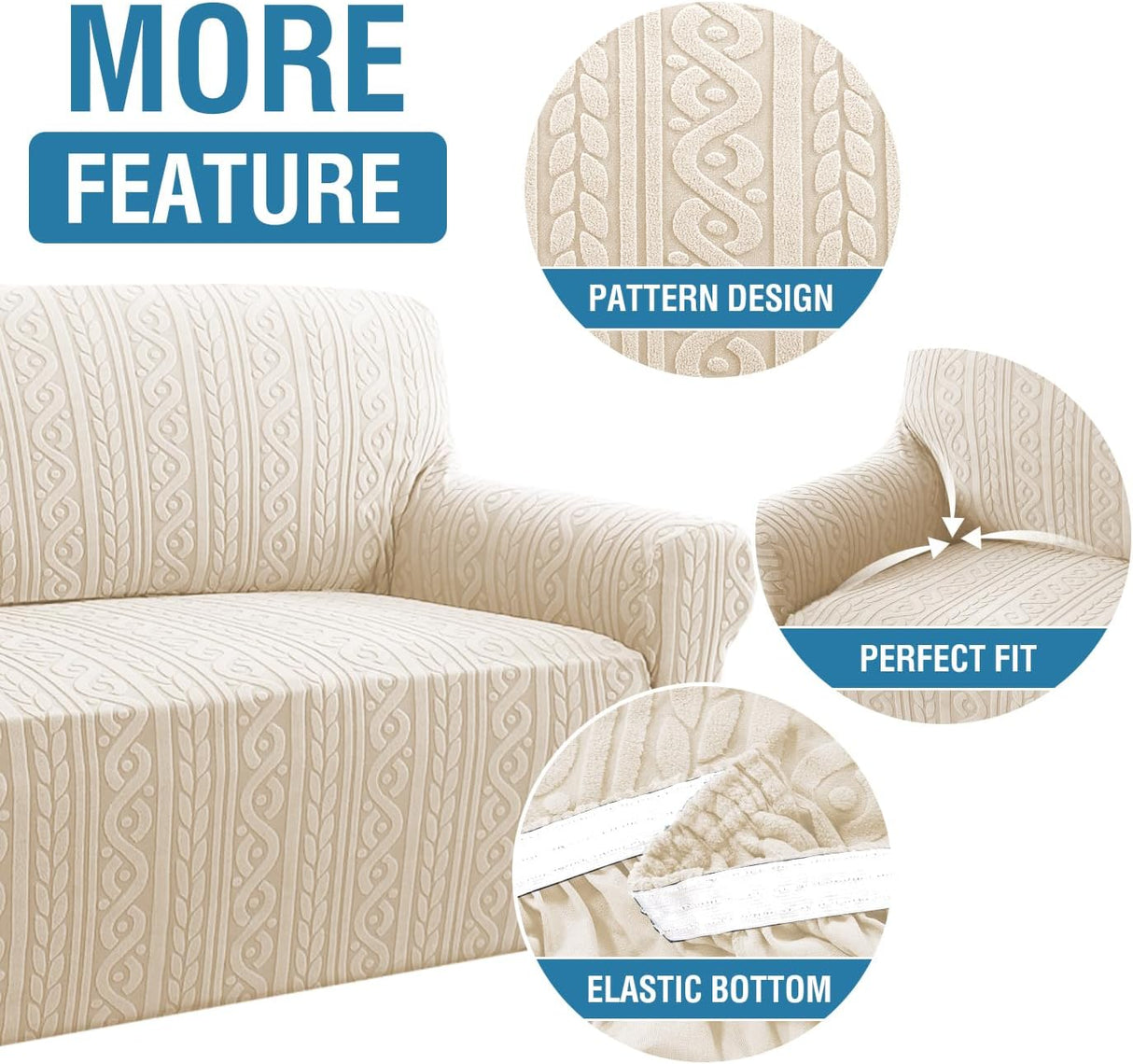Sofa Cover 1 Piece Stretch Sofa Slipcovers Non Slip Sofa Cover with Elastic Bottom Washable for Kids, Pets Upgrade Thick Jacquard Fabric with Spiral Pattern(75"-85", Ivory)